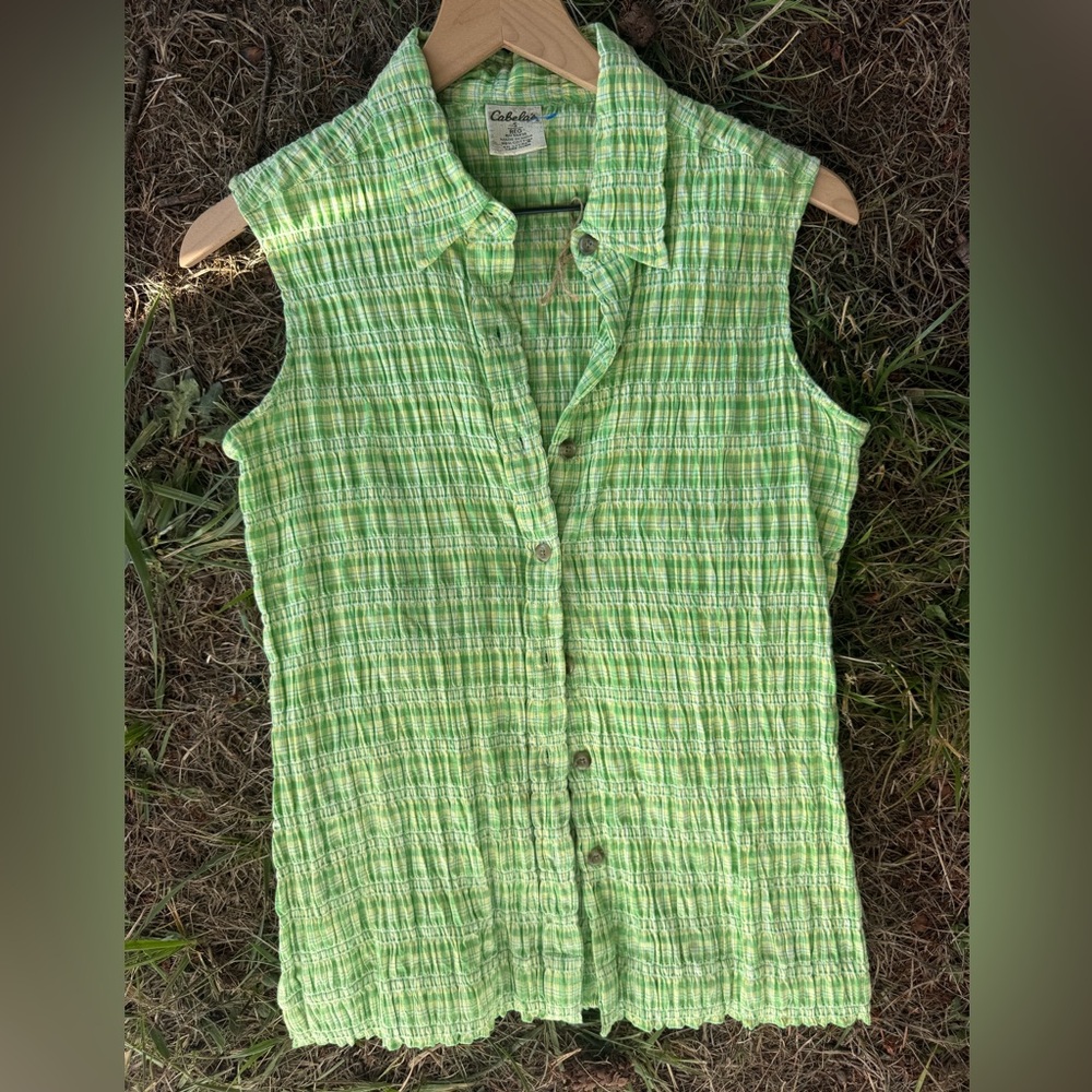 Vintage Cabelas acid green button up polo sleeveless shirt / tank top - small